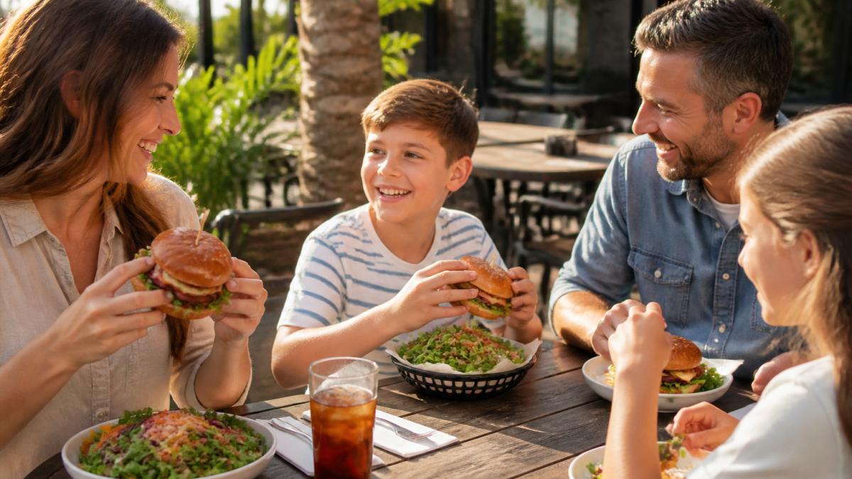 A family enjoying gluten-free burgers and salads at one of the top gluten-free restaurants Woodbine offers.