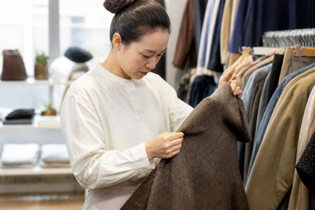 Person carefully examining a vintage garment, inspecting seams and fabric texture with focused attention in natural daylight