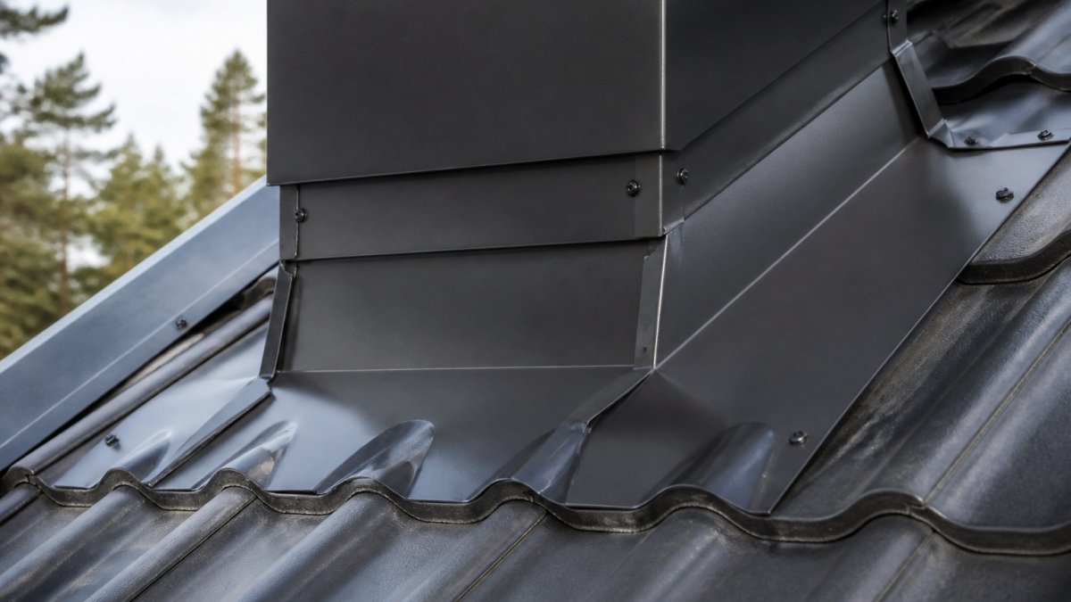 Nærbilde av nyinstallerte metallbeslag rundt en pipe på et skrått tak, med synlige skruer og rene foldede kanter mot taksteinen