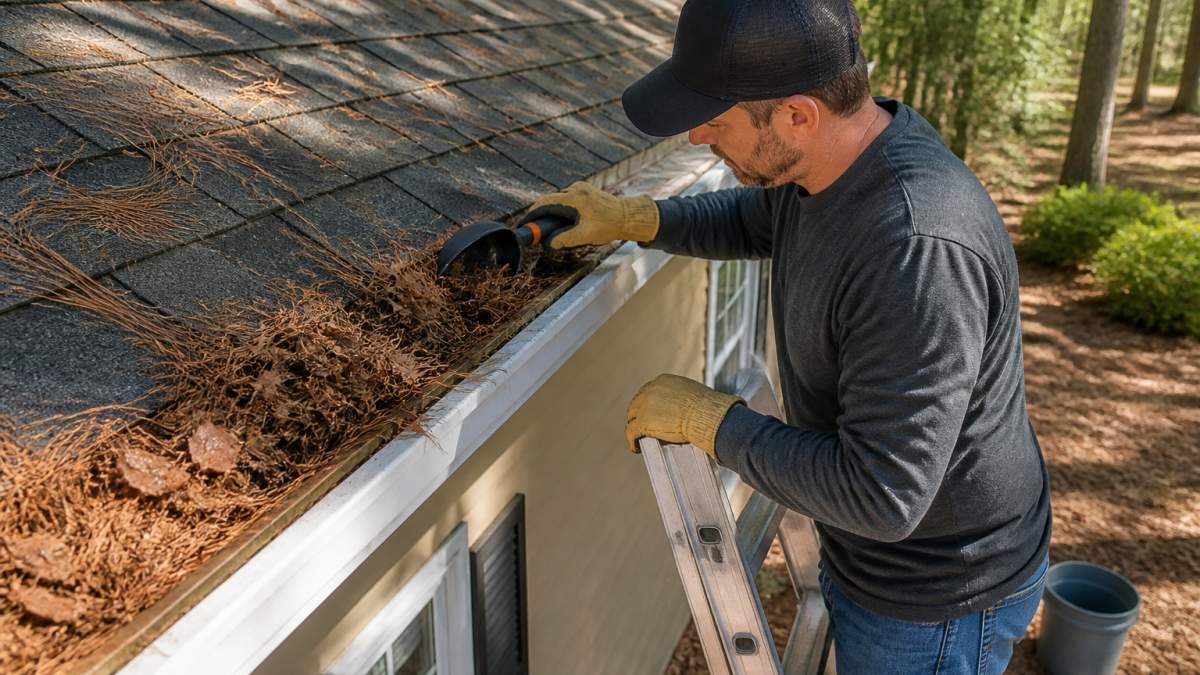 Homeowner standing safely on a ladder wearing heavy-duty gloves, using a gutter scoop to remove pine needles and leaves from a residential gutter, with a bucket nearby on the ground