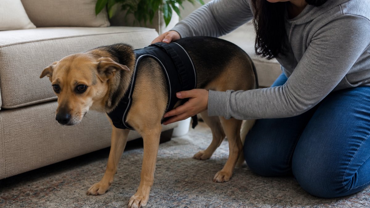 Owner gently guiding a nervous rescue dog wearing a vest-style harness near a cozy indoor couch