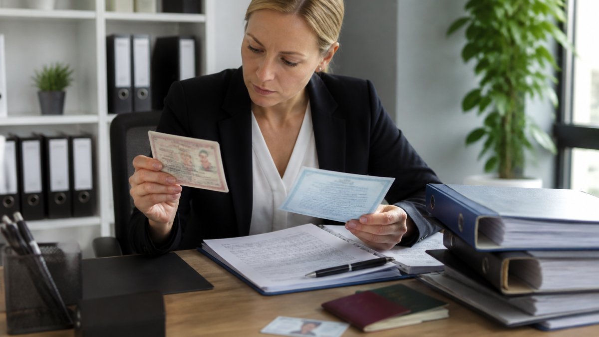 Compliance-Officer prüft am Bildschirm Ausweisdokumente und Registerauszüge, daneben liegen Aktenordner mit KYC-Unterlagen auf einem aufgeräumten Schreibtisch