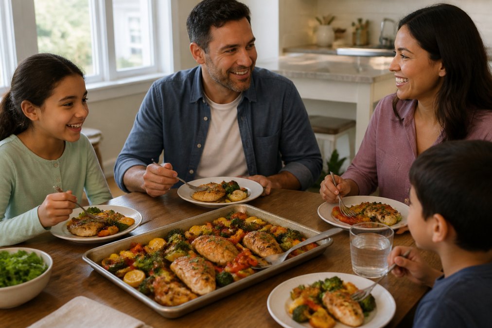 Family seated at a dinner table enjoying a colorful sheet pan meal with grilled chicken, roasted vegetables, and fresh herbs, warm natural lighting