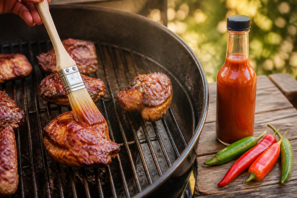 Close-up of a grill grate with chicken being brushed with sauce, a bottle of hot sauce and fresh chiles resting on a wooden table beside the grill in warm afternoon light
