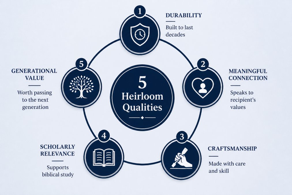 Five qualities of an heirloom gift: durability, meaningful connection, craftsmanship, scholarly relevance and generational value.