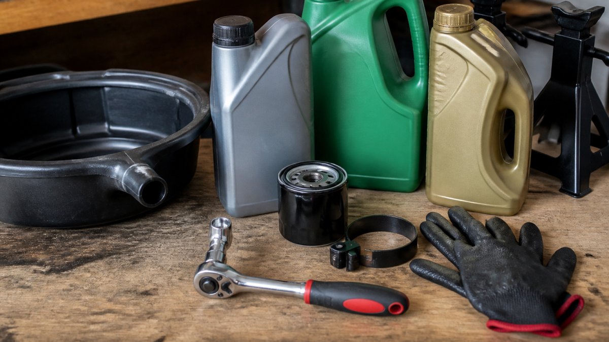 Motor oil, filter, and tools on a workbench for an oil change at home cost.