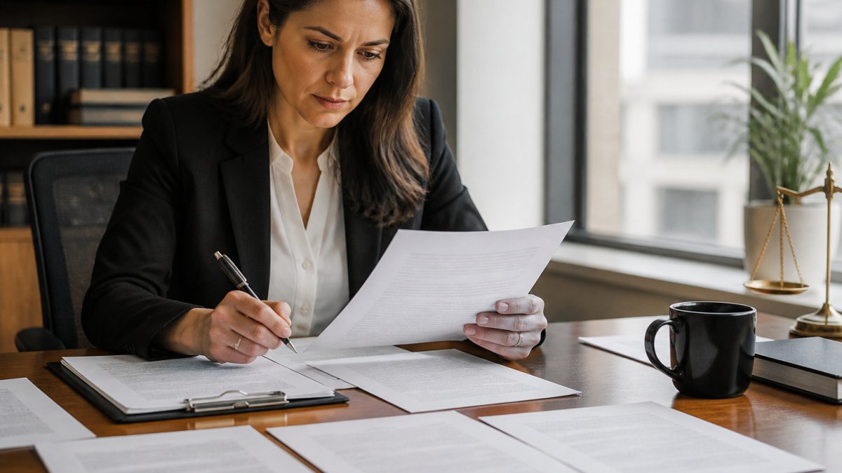 Professional reviewing a legal document to determine family lawyer fees at a desk with coffee.