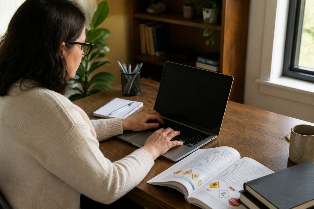 Student sitting at a computer registering online for their 5-hour driving class with study materials on the desk