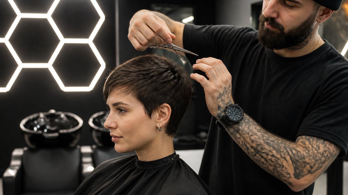Femme aux cheveux courts texturés style pixie dans un salon de barbier haut de gamme, barbier utilisant des ciseaux pour sculpter la coupe, éclairage hexagonal distinctif en arrière-plan, ambiance luxueuse et moderne