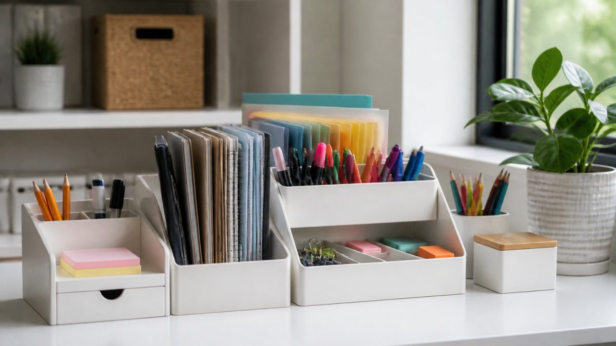 Professional home office workspace with white storage boxes, pen holders, and desk organizers containing neatly sorted colorful office supplies arranged by category, natural window lighting