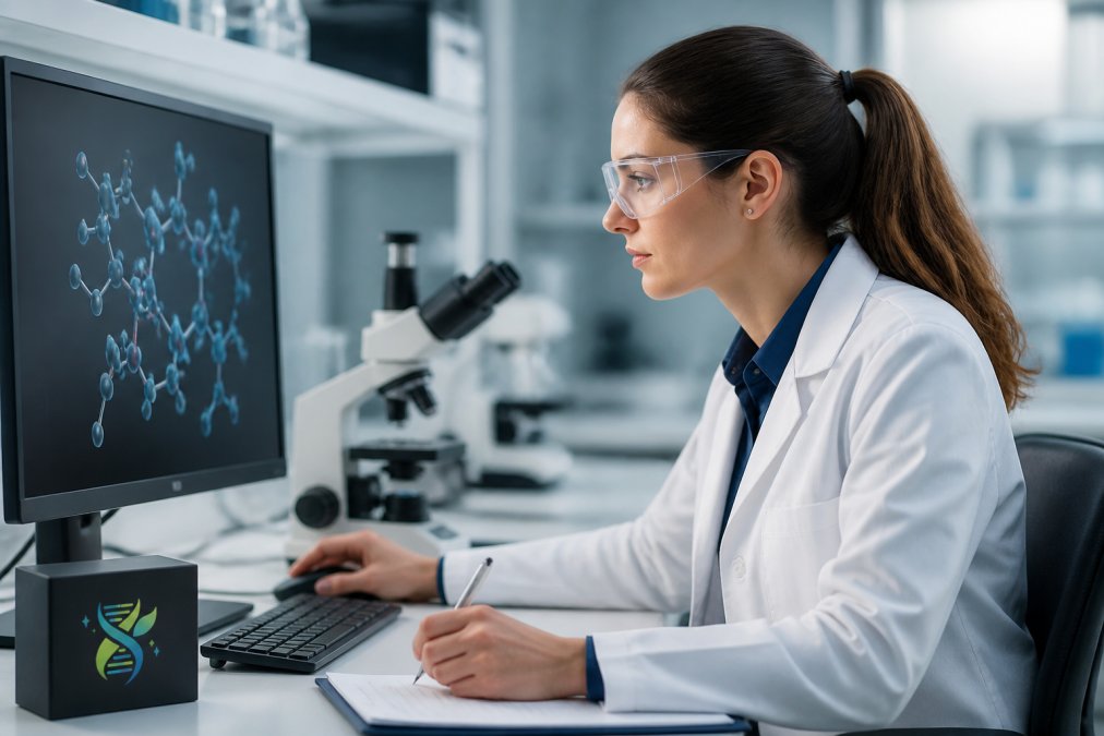 Scientist in a modern laboratory examining a digital display showing molecular structures, precision research equipment in background with cool blue lighting