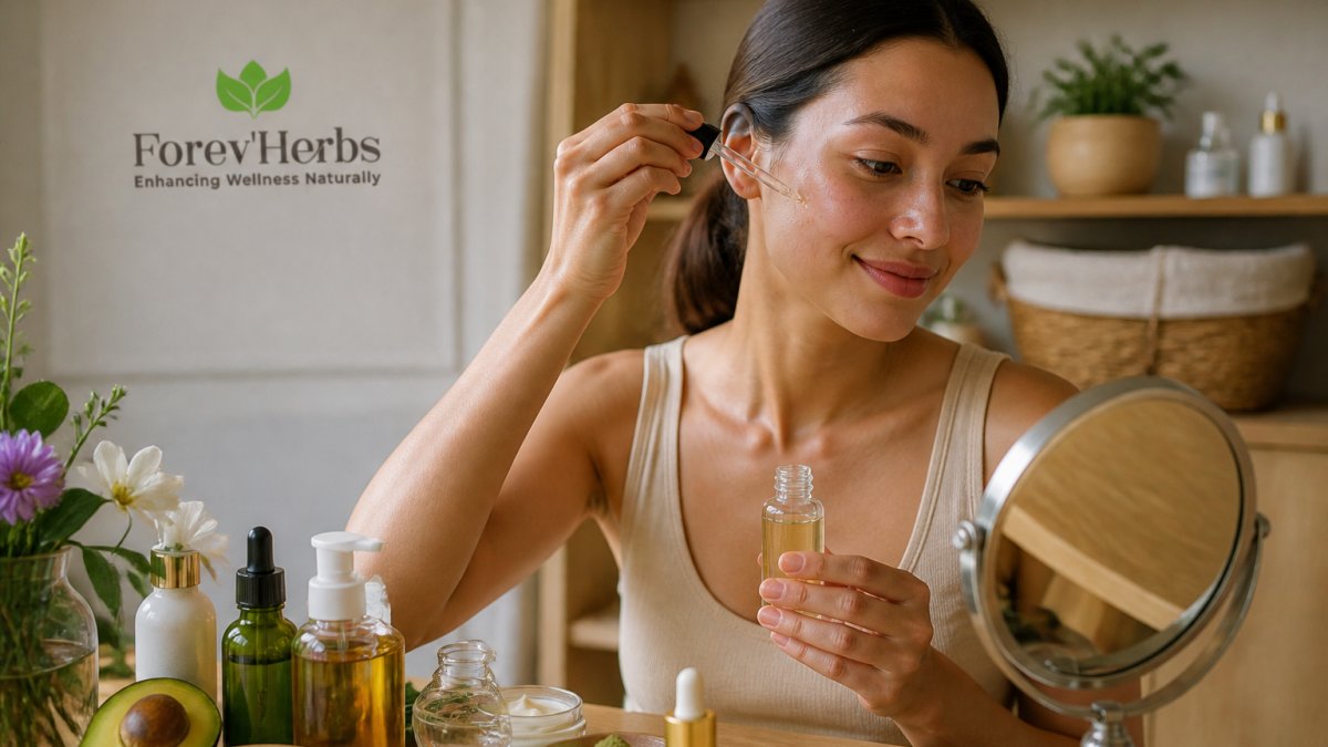 Person applying natural skincare serum to face with botanical ingredients and product bottles on wooden surface nearby