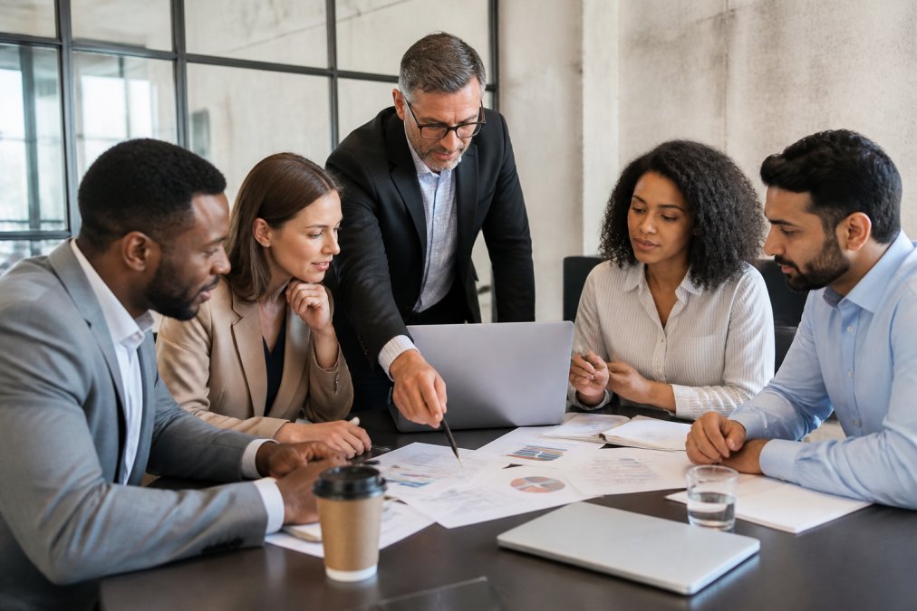 A diverse team of professionals in a modern meeting room, reviewing workforce charts and documents around a table with a laptop and whiteboard in the background
