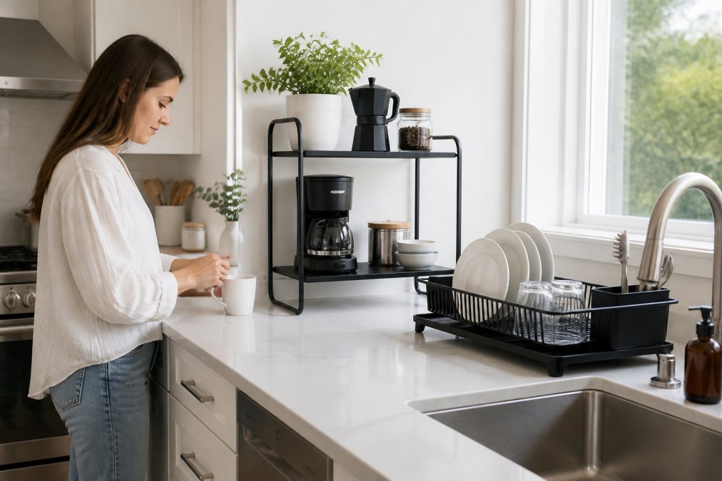 A bright, minimalist kitchen countertop with a neatly arranged coffee station on a two-tier metal shelf, a sleek dish rack beside the sink, and clear, empty counter space visible in natural daylight