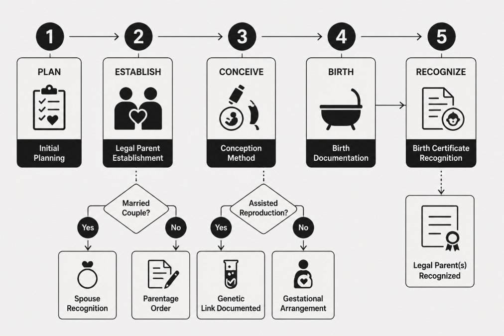 Process diagram showing steps for 5 legal steps for same-sex parentage