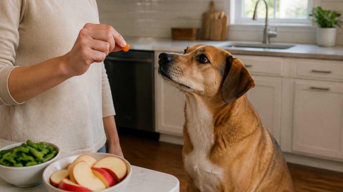 A medium-sized dog sitting attentively in a bright kitchen while a person's hand offers a small piece of carrot, with a bowl of chopped green beans and apple slices on the counter nearby