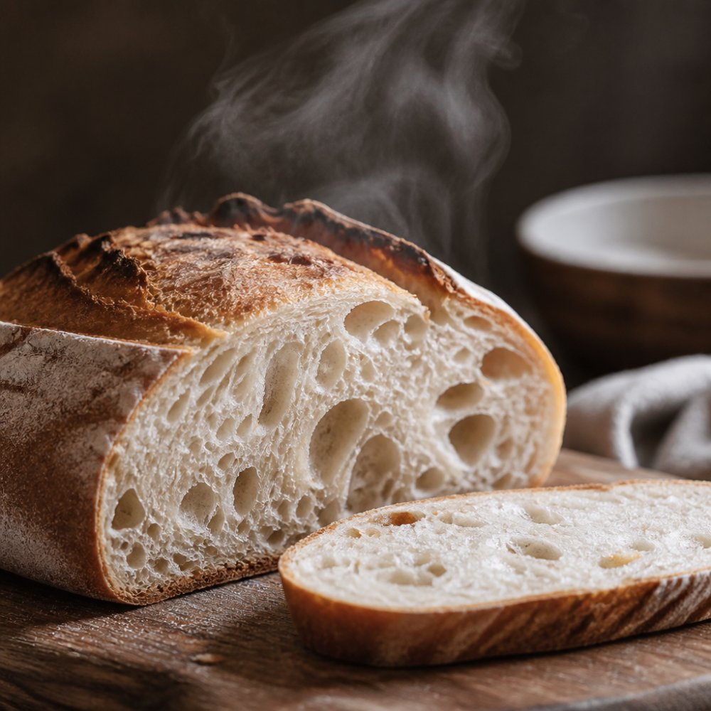Close-up of a freshly sliced artisan sourdough loaf showing open crumb structure with visible air pockets and steam rising from the warm bread on a wooden cutting board