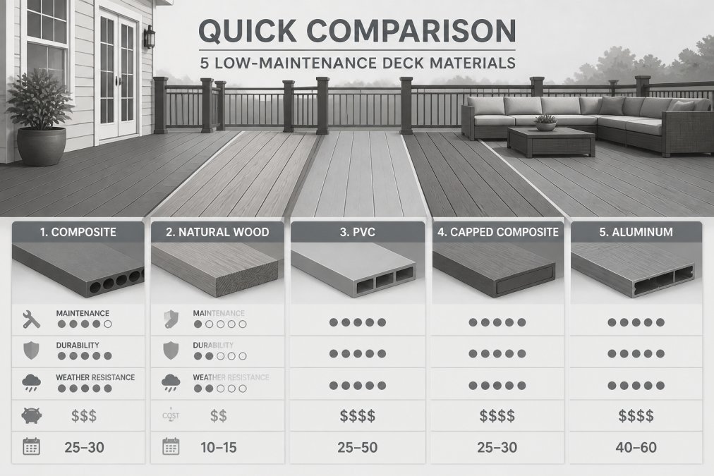Wide shot of a residential deck showing multiple material samples side by side in natural daylight, with composite boards, wood planks, and metal accents visible