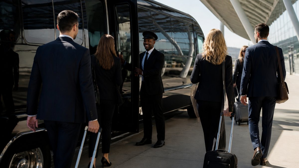 Group of business professionals in business attire boarding a luxury shuttle bus at an airport terminal, with uniformed drivers assisting with luggage and holding doors open, morning sunlight streaming through the terminal windows