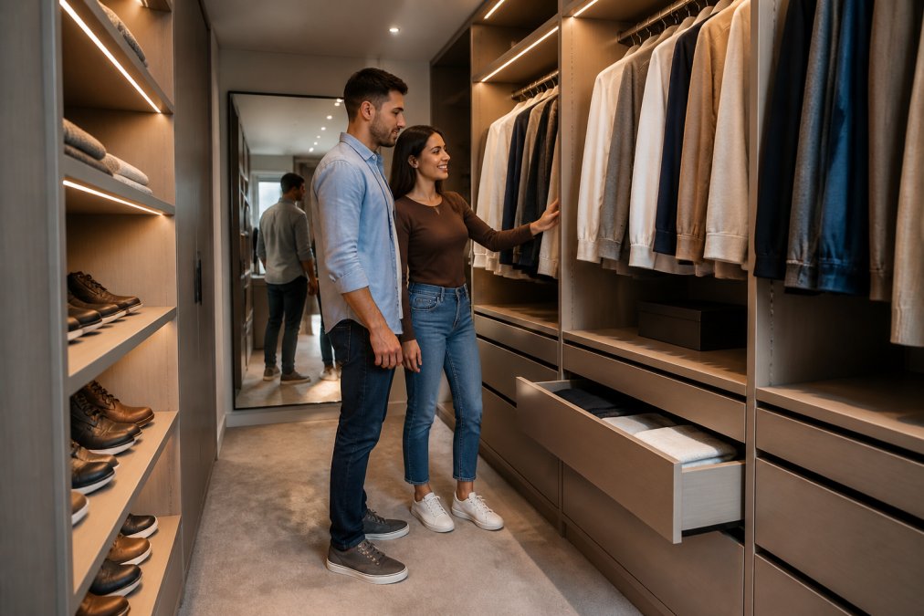 A couple standing inside a bright bespoke fitted wardrobe, examining full-height hanging rails and soft-close drawers with integrated lighting along the shelves