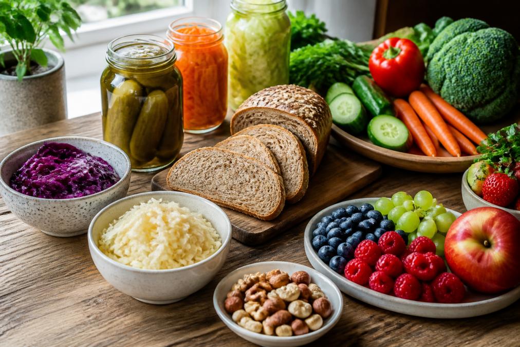 Kleurrijke gezonde voeding zoals gefermenteerde groenten en noten op een houten tafel voor 5 manieren om darmflora te