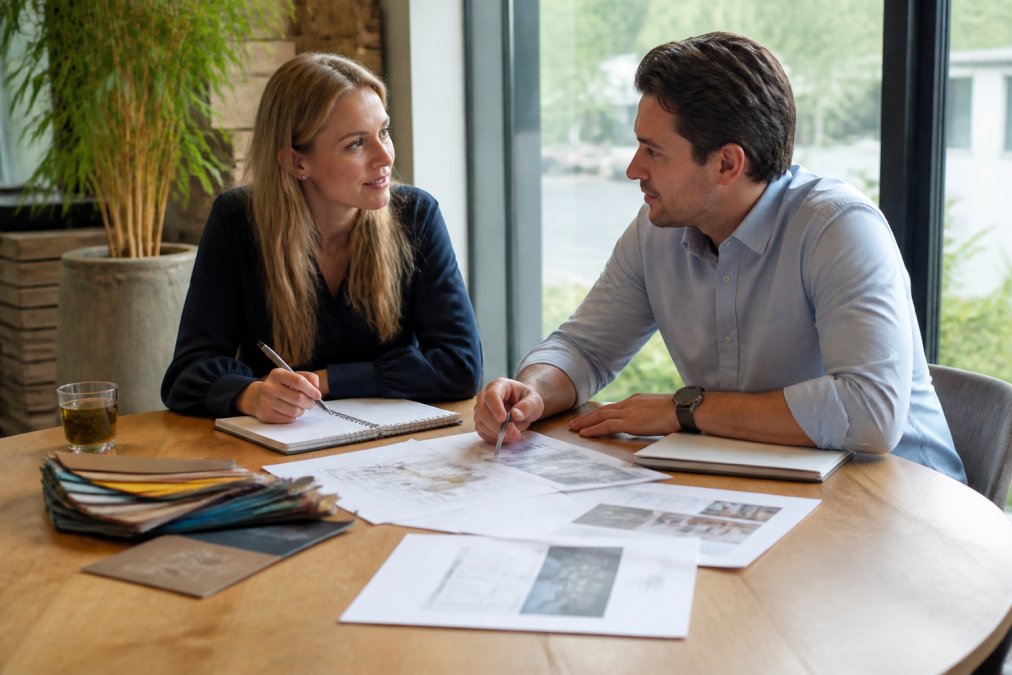 HR-manager en bedrijfsleider samen aan tafel met notitieboek, kleurenstalen en offerten voor bedrijfsfeest decoratie, natuurlijk daglicht door raam