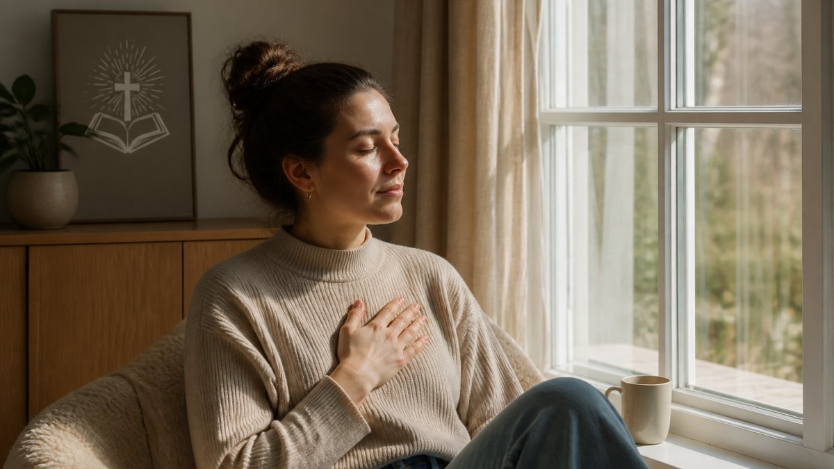 En person som sitter i ro ved et vindu med naturlig lys som strømmer inn, holder en hånd på hjertet med et uttrykk av fred og refleksjon, omgitt av stille interiør
