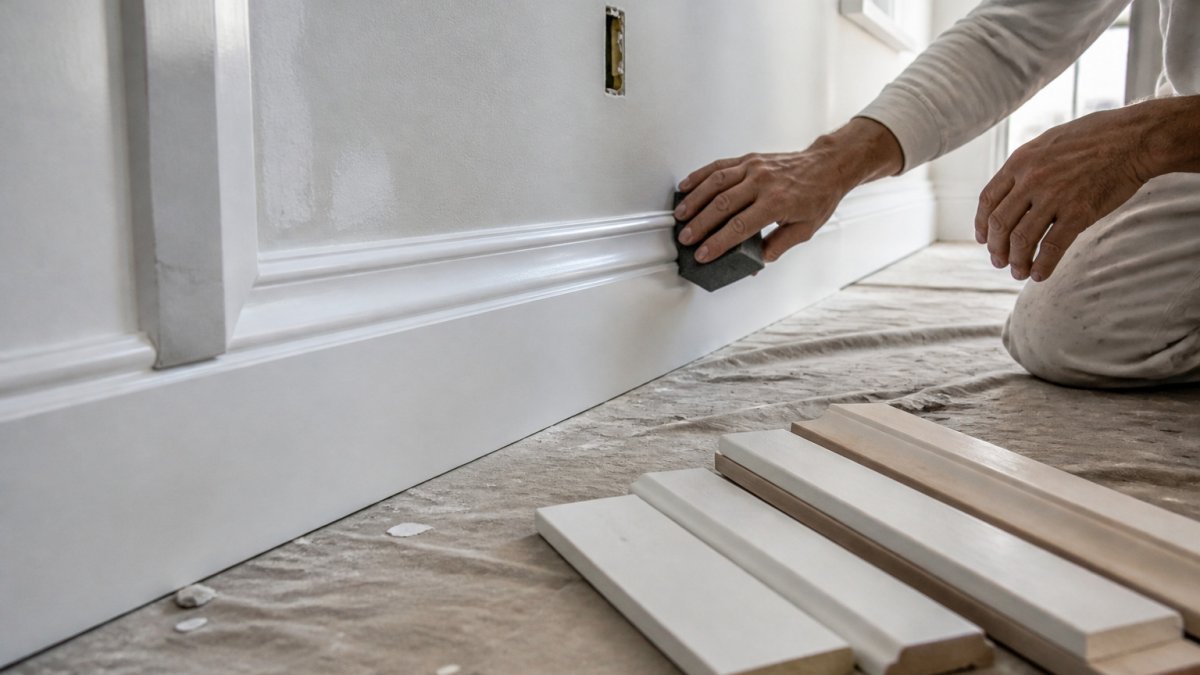 Contractor sanding white trim samples to compare mdf vs solid wood finish quality in a bright home interior.