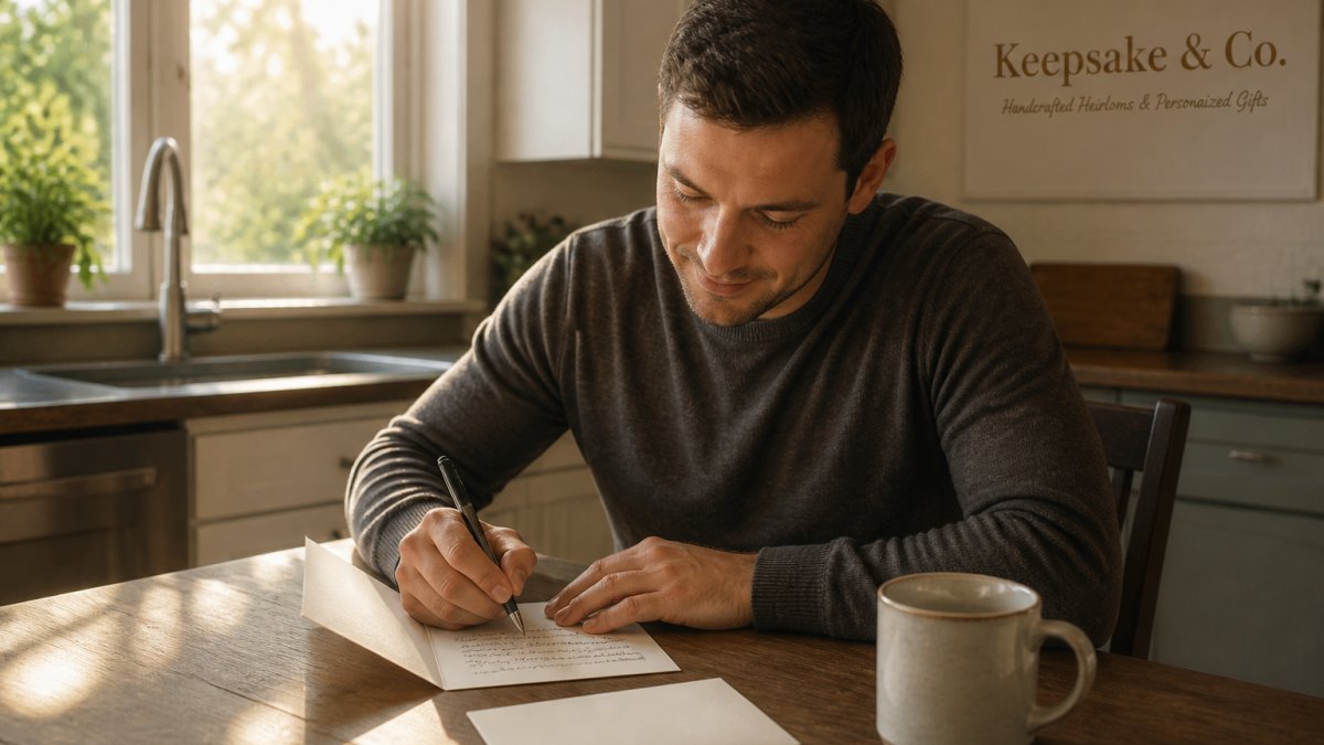 A grown son sitting at a kitchen table with a pen and a handwritten card, warm afternoon light through the window, a coffee mug beside him