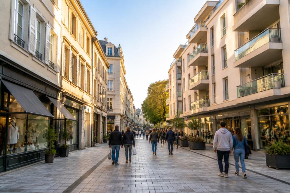 Rue piétonne du centre-ville avec façades rénovées, immeubles résidentiels modernes et commerces au rez-de-chaussée, passants en fin d'après-midi sous lumière naturelle douce