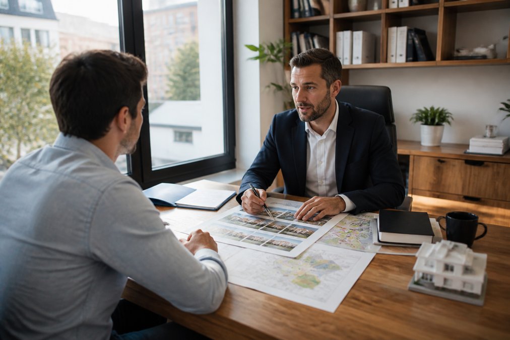 Primo-accédant consultant un conseiller immobilier dans un bureau moderne, documents immobiliers et plans de quartier sur le bureau, lumière naturelle du matin