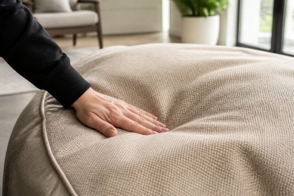 Close-up of a hand rubbing a textured durable fabric sample on a beige pouf in a bright modern living room, natural window light revealing the tight weave