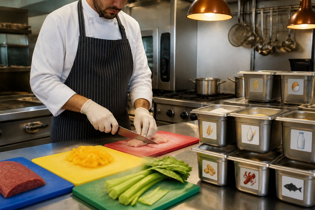 Chef con guantes de látex en cocina profesional separando ingredientes en tablas de corte de distintos colores codificados, con etiquetas de alérgenos visibles en recipientes de acero inoxidable bajo iluminación de cocina industrial