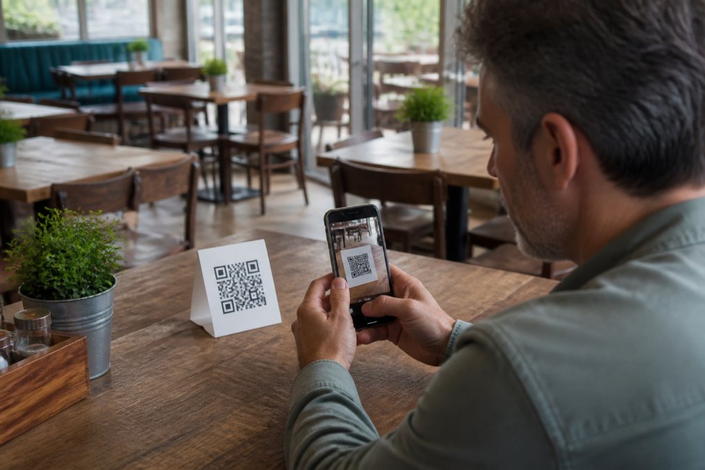 Propietario de restaurante de mediana edad usando un smartphone para escanear un código QR impreso en una mesa de madera, con la pantalla mostrando una carta digital con iconos de alérgenos en colores, en un comedor luminoso con luz natural