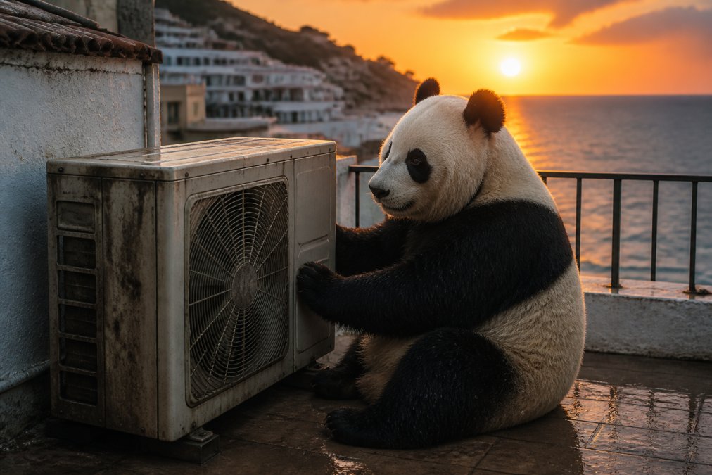 Un oso panda adulto sentado tranquilamente junto a una unidad exterior de aire acondicionado en una terraza costera, con el mar Mediterráneo de fondo y luz dorada de atardecer