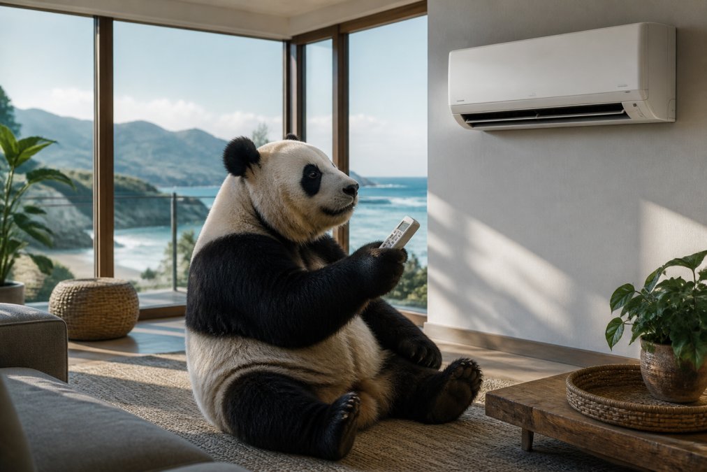 Un panda gigante sentado frente a una unidad split de aire acondicionado inverter montada en una pared blanca, sosteniendo un mando a distancia entre sus patas, en una habitación luminosa con grandes ventanales y vistas a un paisaje costero