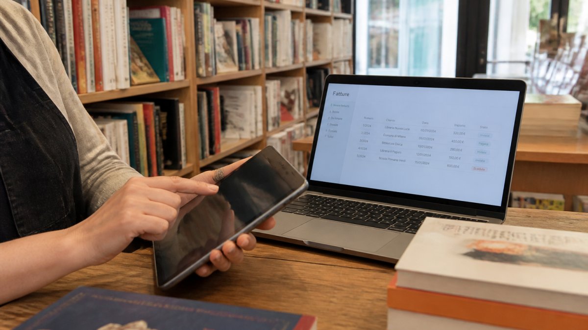 Schema del processo di fatturazione elettronica librerie integrato nel software gestionale Booklane su tablet