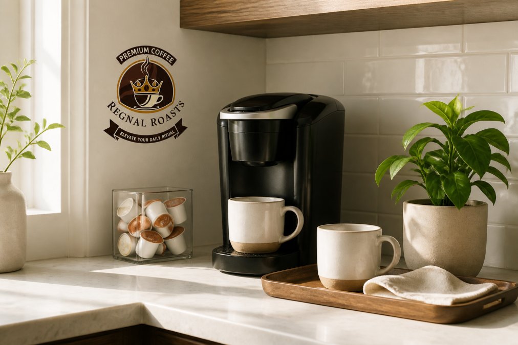 Compact single-serve coffee maker with mugs and pods on a bright, minimalist kitchen countertop.