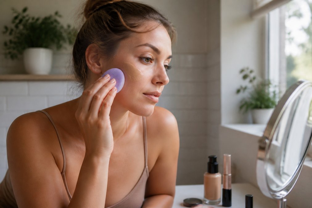Woman blending foundation on her cheek with a purple puff for a 5 minute makeup routine on a bathroom counter.