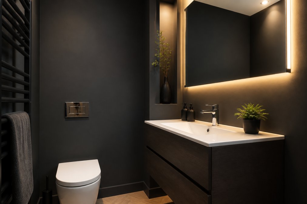 Modern bathroom with charcoal walls and chrome fixtures showcasing dark bathroom colour palettes