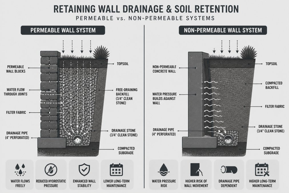 Cross-section diagram showing permeable vs. non-permeable wall systems side-by-side, illustrating water flow paths, drainage pipe placement, filter fabric, and backfill material layers