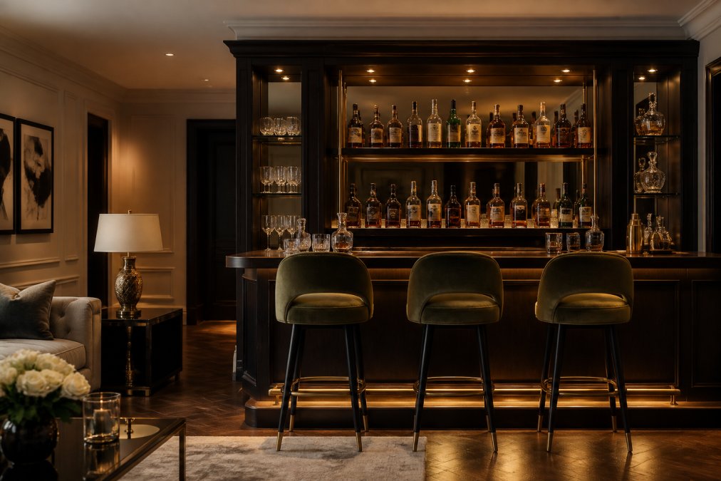 Ein elegantes Wohnzimmer mit einer integrierten Hausbar aus dunklem Massivholz, beleuchtet von warmen Spots, mit luxuriösen Barhockern und edlen Gläsern auf der Ablage