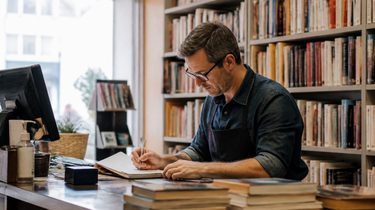 Libraio che lavora al computer con schermo che mostra un'interfaccia di gestione intuitiva, circondato da libri sugli scaffali in una libreria moderna e luminosa