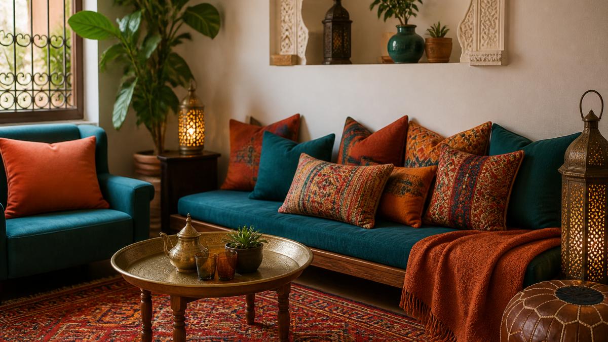 A cozy small living room corner with layered warm jewel tones, deep teals, burnt oranges, and terracotta accents, featuring a patterned rug, stacked cushions on a low bench, and ornate wall details creating an inviting Moroccan atmosphere