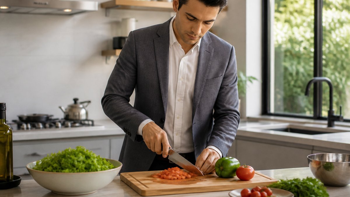 Professional in business casual attire efficiently chopping vegetables in a modern kitchen with natural light streaming through windows, focused expression, organized countertop with minimal clutter