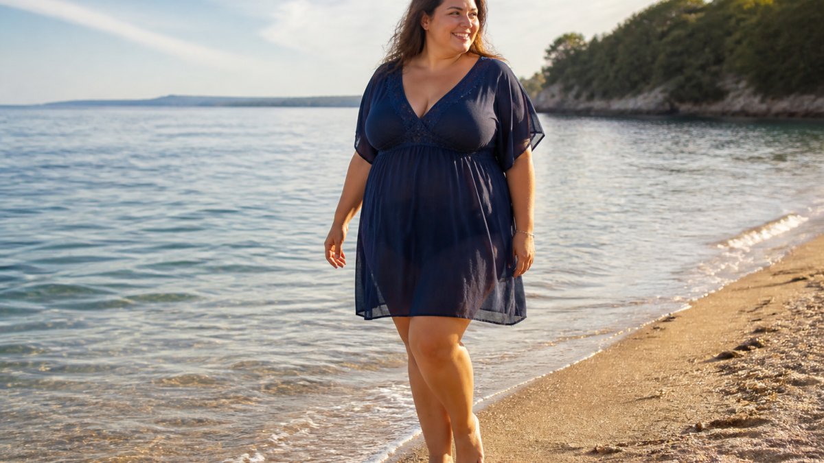 Kobieta plus size w luźnej, rozkloszowanej tunice plażowej z wiązaniem pod biustem, stojąca boso na piasku przy linii wody, uśmiechnięta, ciepłe popołudniowe światło, morze w tle