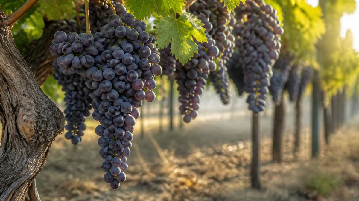 Close-up of mature purple grape clusters hanging on green vines in a Portuguese vineyard during late summer harvest, with morning light filtering through the canopy