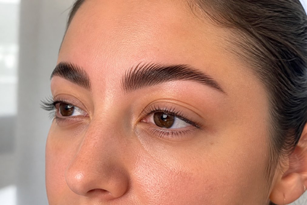 Close-up of a person's face showing fluffy, feathered brows styled with clear soap, demonstrating the lifted, laminated effect with natural fullness and definition