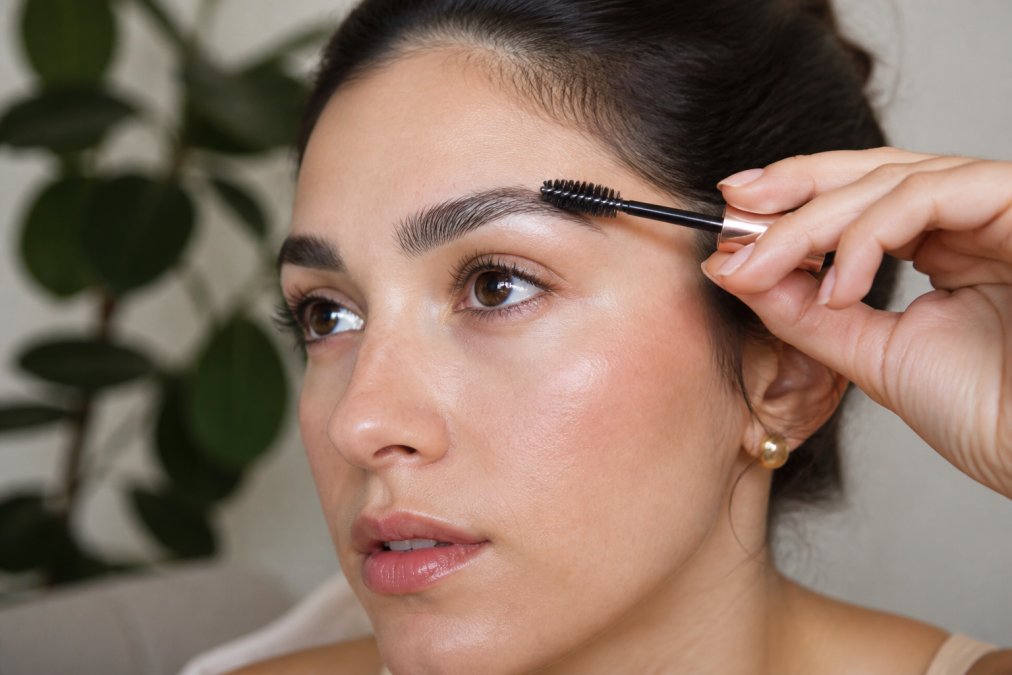 Hands applying clear brow gel with a spoolie brush to freshly groomed brows, showing the application technique for achieving feathered definition and natural fullness