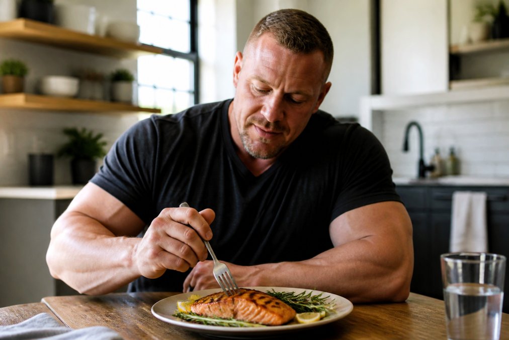 A close-up of a grilled salmon fillet on a plate with fresh herbs and lemon, set on a wooden table in a bright kitchen